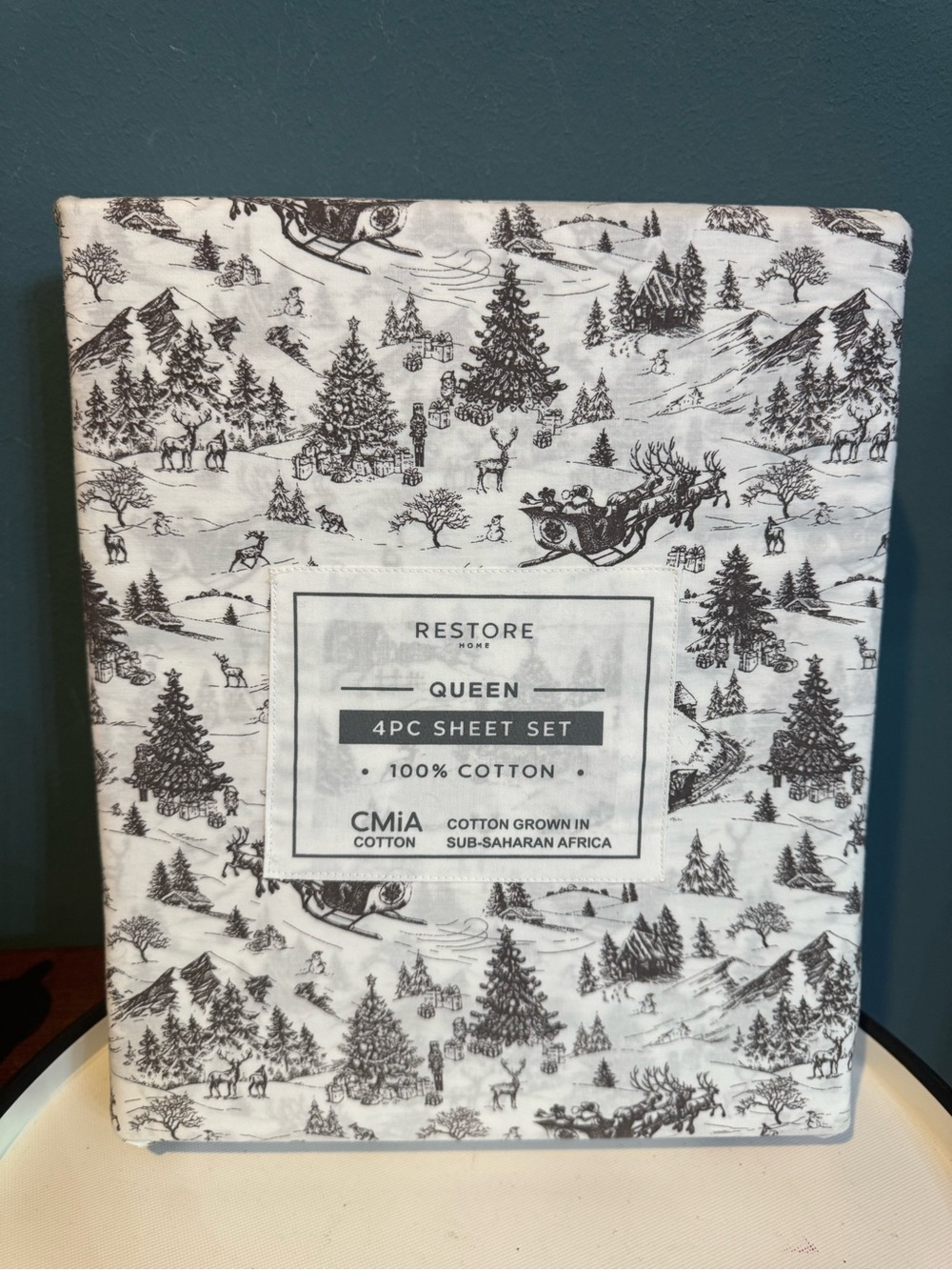 New Restore Winter Black Toile Christmas Queen Size Sheet Set - 100% Cotton